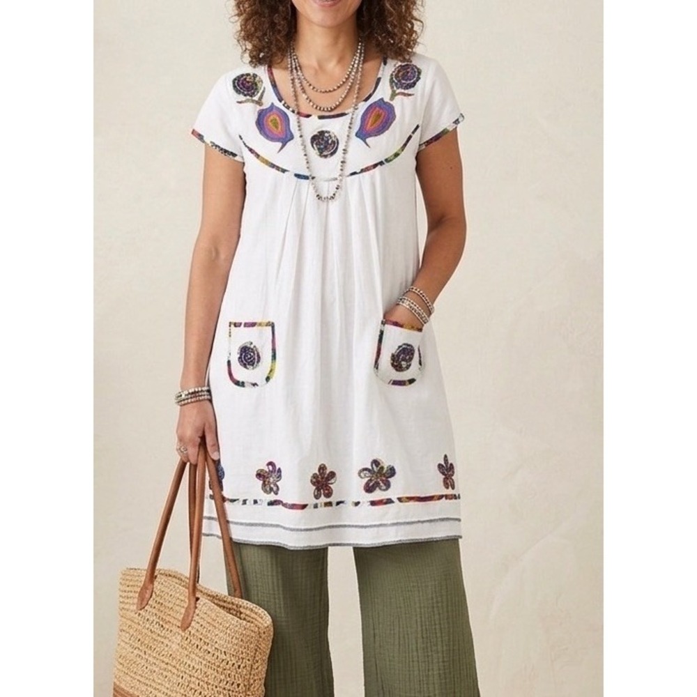 Devi Tunic Dress Womens Artsy Lagenlook White Cotton Short Sleeve Sz Small Boho